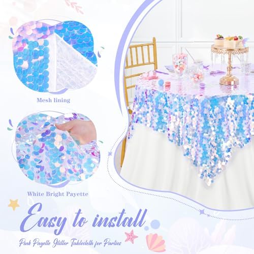 QueenDream Iridescent White Tablecloth Sequin Fabric: 51x47 Inch Payette Glitter Table Cloth for Little Mermaid Birthday Decorations - Image 6