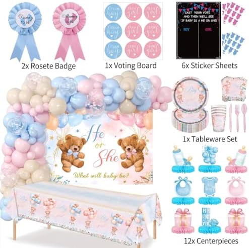Bear Gender Reveal Decorations - 108pcs Pink Blue Balloon Garland Kit,2 Daddy and Mommy To Be Tinplate Badge Pin,stickers,plates and napkins,4pcs Baby Box With Letters,Boy or Girl Party Supplies - Image 2