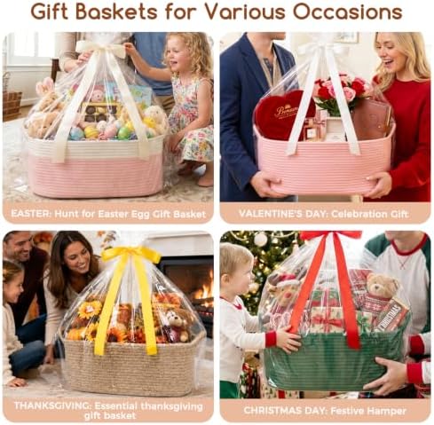 OIASKET Large Empty Cotton Rope Gift Basket with Handles, 16.5"x12.6"x7" Decorative Woven Storage Basket with Gift Bag and Ribbon Set for Baby Shower, Toy Organizer for Kids, Dogs & Cats - Brown - Image 6