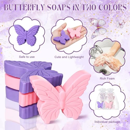 Loopeer 24 Sets Butterfly Baby Shower Favors for Guests Butterfly Soap Gifts Purple Party Favors with Thank You Cards Organza Bag for Gender Reveal Baptism Decorations Wedding Bridal Return Gift - Image 4