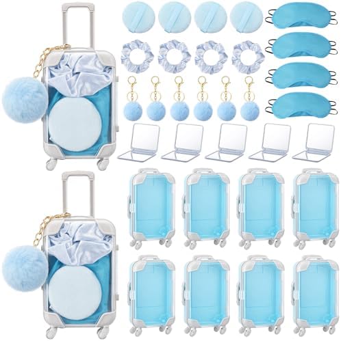 Retrowavy 72pcs Mini Suitcase Party Favors Box, Girls Trip Gift with Mini Luggage Box, Compact Mirror, Scrunchie, Keychain, Makeup Sponge, Eye Mask(each 12) for Travel Wedding Bachelorette Party(Blue) by Retrowavy