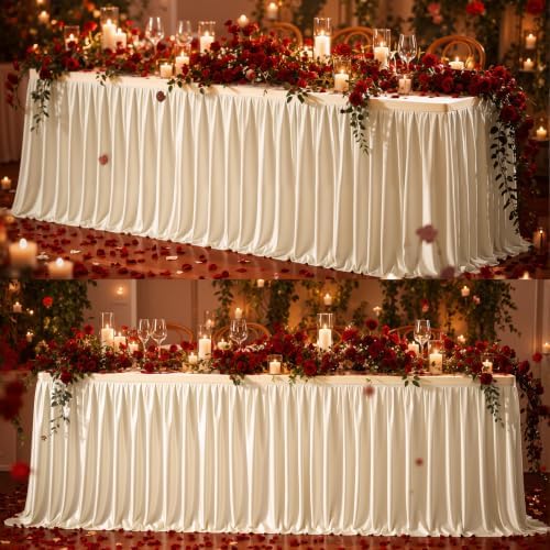 Partisky Ivory Polyester Table Skirt for Rectangle Tables 12ft, Wrinkle Resistant Pleated Ruffle Table Cloth for Banquet Wedding Trade Baby Shower Display Gift Dining Table by Partisky