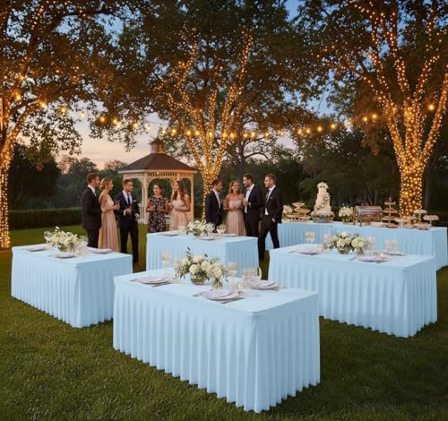 4 Pack Baby Blue Spandex Table Covers 8ft Rectangle Ruffle Skirts for Party - Image 2