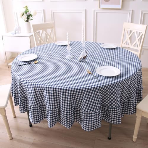 Navy Blue White Gingham Tablecloth Round Dia.70“ by KMASANIJI