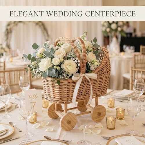 Woven Rattan Stroller Shaped Flower Basket with Handle, Versatile Trolley Decorative Flower Basket, Wicker Baby Carriage, Handwoven for Weddings, Baby Showers, Floral Arrangements - Image 3