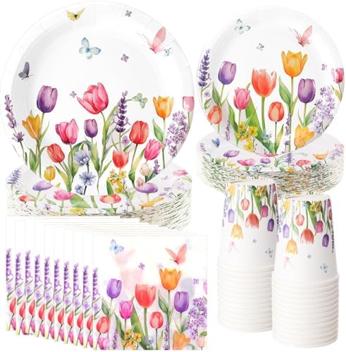 Ziliny Spring Party Decorations, Paper Plates Napkins Cups Serve 50, Tulip by Ziliny