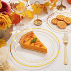 FLOWERCAT 100PCS Clear Plates with Gold Trim - Heavy Duty Clear and Gold Plastic Plate Disposable for Fall Party/Wedding Include 50PCS 10.25inch Dinner Plates - 50PCS 7.5inch Cake Plate - Image 2