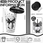 Willinglong 24 Black Bow Cups with Lid Straw Galentines Party Favor 24 oz - Image 2