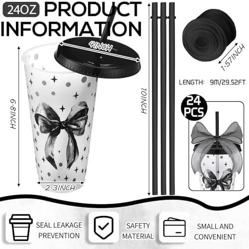 Willinglong 24 Black Bow Cups with Lid Straw Galentines Party Favor 24 oz - Image 2