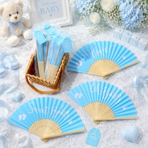 Threehoney 50 Sets Baby Shower Favors 5 Styles Bamboo Paper Hand Fans,Blue - Image 4