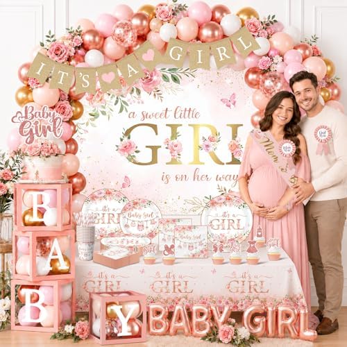 Baby Shower Girl Decorations,258pcs Pink Gold Baby Shower Decorations Girl Plates And Napkins Cups Banner Backdrop Tablecloth Cake Topper Balloon For A Sweet Little Girls Is On The Way Supplies - Image 2