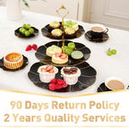 DUJUST Luxury Larger 3-Tier Cupcake Stand Tower, British Style Porcelain Serving Tray with Golden Trim, Food Grade Dessert Display Stand for Tea Party & Home Décor - 45% Black Larger Plates - Image 6