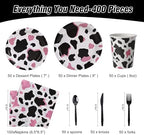400 Pcs Disposable Pink Cow Print Tableware Set for 50 Guests - Image 2
