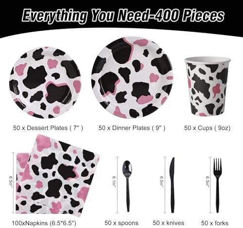400 Pcs Disposable Pink Cow Print Tableware Set for 50 Guests - Image 2