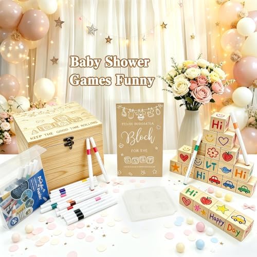 140 Pcs Baby Shower Blocks to Decorate Game Kit Includes Wooden Blocks Markers Game Sign Storage Box for Baby Shower Gender Reveal Activity Party Decorations - Image 5