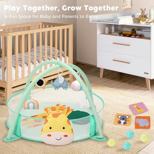 7-in-1 XL Large Baby Play Gym Mat, Tummy Time Mat, Baby Gym & Ball Pit, Baby Activity Mat with Milestone Cards & 6 Detachable Toys for Sensory Motor Skill, Giraffe - Image 6