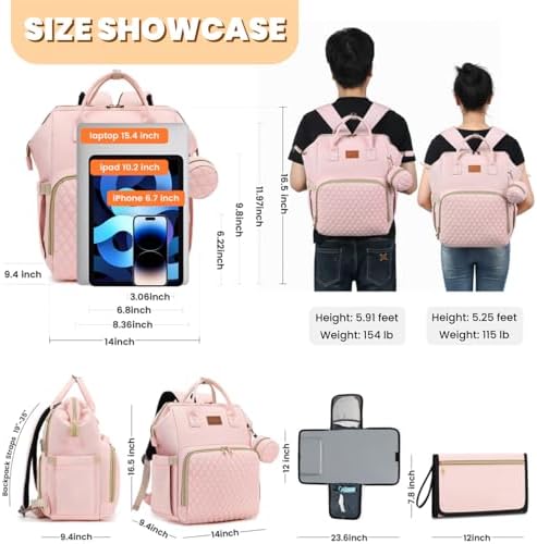 ROSEGIN Pink Diaper Bag Backpack for Baby Girls - Baby Shower Gifts for Mom, Quilted Diaper Bag with Changing Pad, Pacifier Case, Insulated Pockets, Stroller Straps, 35L Large Capacity - Cute - Image 6
