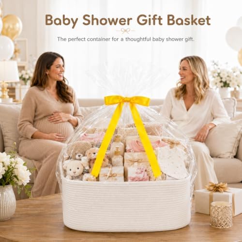 OIASKET Large Empty Cotton Rope Gift Basket with Handles, 18.9"x13.8"x7.8" Decorative Woven Storage Basket with Gift Bag and Ribbon Set for Baby Shower, Toy Organizer for Kids, Dogs & Cats - White - Image 5