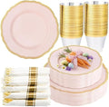 Hioasis 175 Pcs Pink and Gold Plastic Plates Wedding & Party by Hioasis