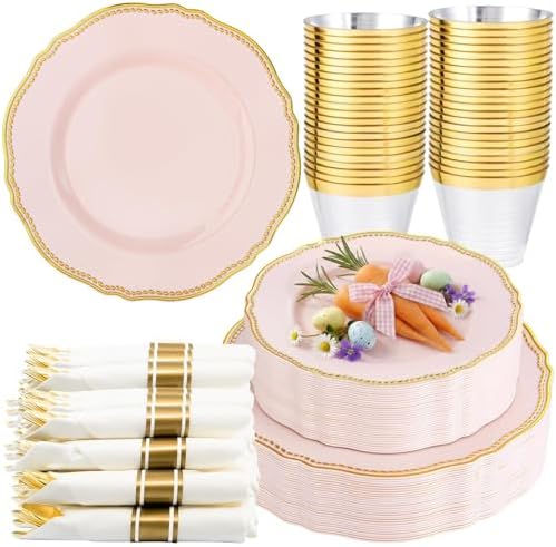 Hioasis 175 Pcs Pink and Gold Plastic Plates Wedding & Party by Hioasis