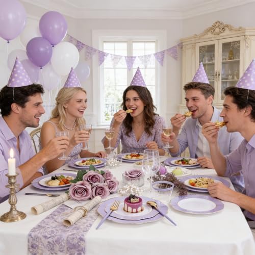 WDF 60pcs Purple Plates Disposable with Gold Rim - Baroque Light Purple Plastic Plates - Lavender Plates for Wedding/Birthday - Image 6