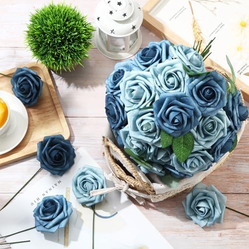 100 Pcs Artificial Rose Flowers, Blue Two Tone - Image 4