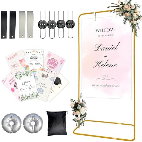 Large Wedding Welcome Sign Stand, Welcome to our Wedding With Stand, Adjustable Height (78", 64", 50") - Gold Hanging Sign Holder with Design Bundle, Ground Stakes & Storage Bag - wedding sign stand adjustable by Unknown
