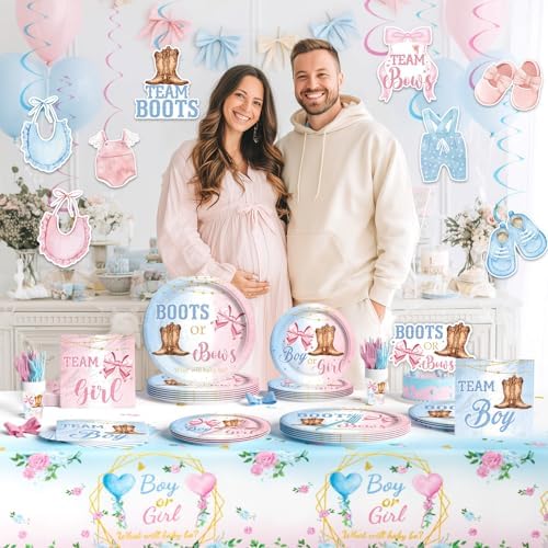 Boots or Bows Gender Reveal Party Supplies Tableware Set, 177 PCs Gender Reveal Table Decorations with Plates, Napkins, Forks, Banner, Tablecloths or Boys Or Girls Party Test Kit, Serves 24 - Image 6