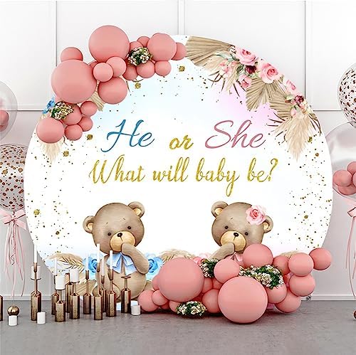 AOFOTO 7.5x7.5ft Bear Round Backdrop Cover Cute Bear Floral Printed Photography Background He or She What Will Baby Be Blue Pink Circle Arch Backdrop Banner Gender Reveal Baby Shower Party Supplies - Image 2