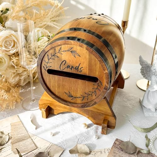OurWarm Wooden Wedding Card Box for Party with Base, Brown Whiskey Barrel Gift Card Box Holder for Cards Envelops and Money, Rustic Wedding Decor for Graduation Baby Shower Birthday Party by OurWarm
