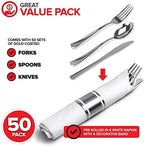 200 Pieces Pre Rolled Silver Plastic Cutlery Set, Individually Wrapped Plastic Silverware Set with 50 Forks, 50 Knives, 50 Spoons, 50 Napkins, Utensils for Weddings, Service for 50 Guests - Image 2