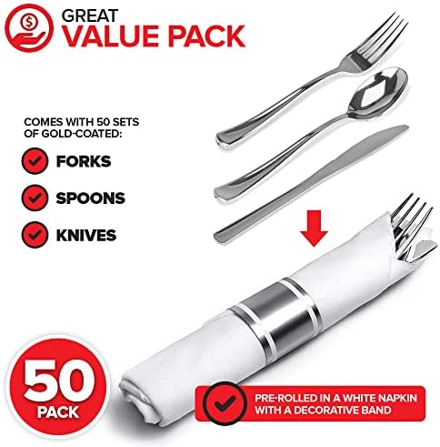200 Pieces Pre Rolled Silver Plastic Cutlery Set, Individually Wrapped Plastic Silverware Set with 50 Forks, 50 Knives, 50 Spoons, 50 Napkins, Utensils for Weddings, Service for 50 Guests - Image 2