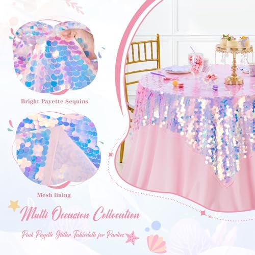 QueenDream Mermaid Tablecloth Pink Payette Sequin Tablecloth for Birthday Ocean Themed Party Princess Girl Baby Shower Decorations 51x35 Inch - Image 6
