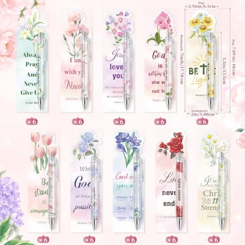 60 Sets Christian Bible Verse Pens Gifts Bulk with Bookmarks Inspirational Scripture Pens Religious Ballpoint Pen with Black Ink Floral Design for Prayers Women Church Gifts (Floral) - Image 2