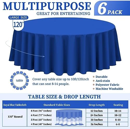 Showgeous 120 Inch Royal Blue Round Tablecloths, Polyester Table Covers - Image 2