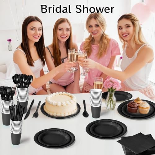 350 Pcs Black Disposable Plates and Napkins Tableware Set for 50 Guests - Image 2