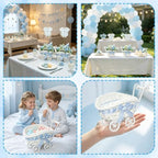 2 Pack Baby Carriage for Baby Shower Centerpiece Table with Wicker Stroller Bottle Bear Cards Rattan Artificial Rose Hydrangea Baby's Breath Floral Card Holder Decoration(Blue，16pcs) - Image 4