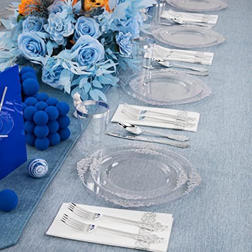 FLOWERCAT 175PCS Clear Silver Plastic Plates -Include 50 Plates, 25 Cups, 25 Forks, 25 Knives, 25 Spoons, 25Napkins for Wedding & Party&New Year - Image 6