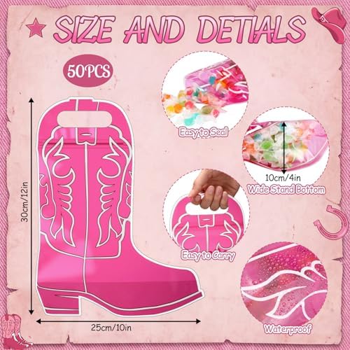 Qinyoung 50 Pcs Cowboy Boots Gift Bags Plastic Western Theme Party Goodie Bags with Handles Resealable Wild West Plastic Pouches for Rodeo Cowgirl Birthday Baby Shower Bachelorette Gifts(Pink) - Image 2
