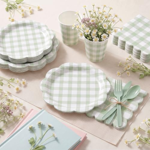 350 PCS Sage Green Gingham Disposable Dinnerware Set, Decagonal Paper Plates 7 & 9 Inch, Napkins, Cups & Cutlery, Checkered Party Supplies for Easter Baby Shower Wedding Picnic - Image 6