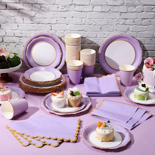 Tioncy 200 Pcs Party Paper Plates Cups Napkin Set Serve 50, Lavender Purple - Image 4