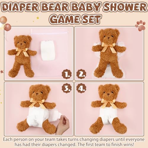 Seenelling 6 Sets Bear Diaper Changing Baby Shower Game Kit, Tan - Image 3