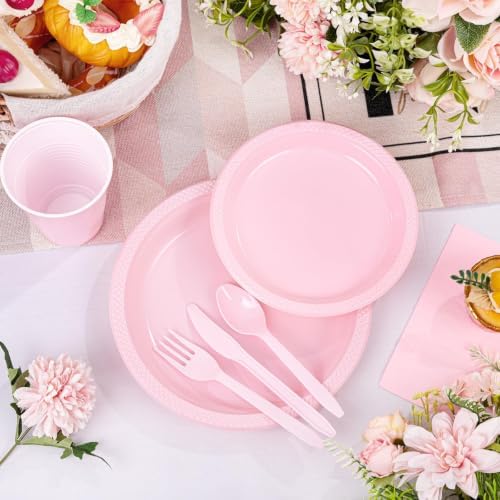 WELLIFE 210Pcs Pink Plastic Plates,Disposable Pink Plates for Party - Image 3