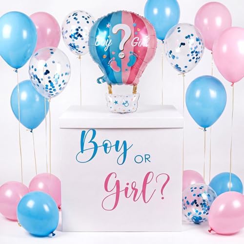 28in Extra Large Gender Reveal Gift Box with Big Hot Air Foil Balloon and 12in Pink Blue Balloon Set Jumbo Giant Gift Box Decoration Kit with Boy or Girl Theme Stickers by VercanMonth