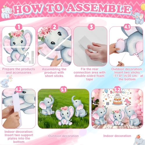 3Pcs Pink Elephant Baby Shower Decorations with Stakes & Stands, Waterproof Large Baby Elephant Cardboard Cutouts Standup Cartoon Birthday Party Indoor Outdoor Decor for Photo Booth Props - Image 4