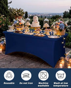 Fixwal 3 Pack 8FT Navy Blue Tablecloth Rectangle Spandex Table Cover - Image 6