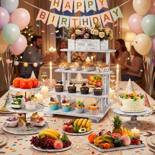 Roowest Set of 6 Wood Dessert Table Display Stands 3 Tier,Vintage White - Image 5