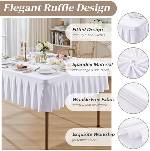 Wish Care White Spandex Tablecloths for 54x54 Inch Square Tables, Stretch Fitted Table Clothes with Pleated Ruffle Skirt for 54” Table, Wrinkle Free and Elastic, for Party Kitchen Home Dining - Image 2
