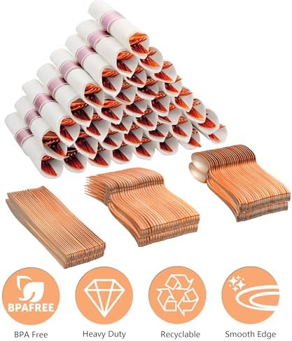100 Pack Pre Rolled Rose Gold Plastic Silverware Set with Napkins,Disposable Wrapped Heavy Duty Cutlery Set for Wedding Birthday Party-100 Forks,Knives,Spoons,Utensils Set,Plasticware Bulk - Image 2