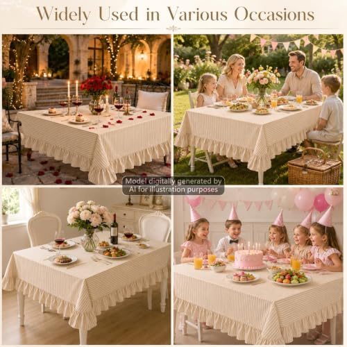 Striped Ruffled Tablecloth 60x120 Inch Cotton Polyester Striped Tablecloth Rectangular Fits 8-10 Seater Table Farmhouse Vintage Table Cover for Home Kitchen Baby Shower Birthday Party Picnic (Taupe) - Image 6